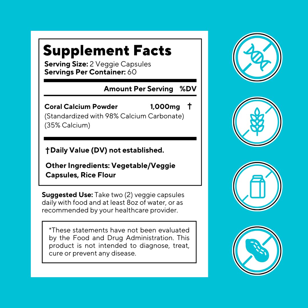 Vitapia Coral Calcium Powder 1000mg Capsules for Overall Health, Bone Health, PH Level Balance, Trace Minerals Support - 120 Veggie Capsules - Non-GMO & Gluten-Free Supplement