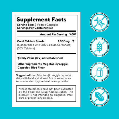 Vitapia Coral Calcium Powder 1000mg Capsules for Overall Health, Bone Health, PH Level Balance, Trace Minerals Support - 120 Veggie Capsules - Non-GMO & Gluten-Free Supplement