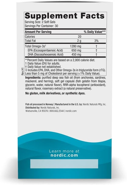 Nordic Naturals Ultimate Omega Fish Gelatin Lemon 1280mg EPA&DHA - 60 Count | Fish gelatin soft gels - pescatarian-friendly. EPA+DHA for brain & heart health. Non-GMO, Lemon flavor, 30 servings