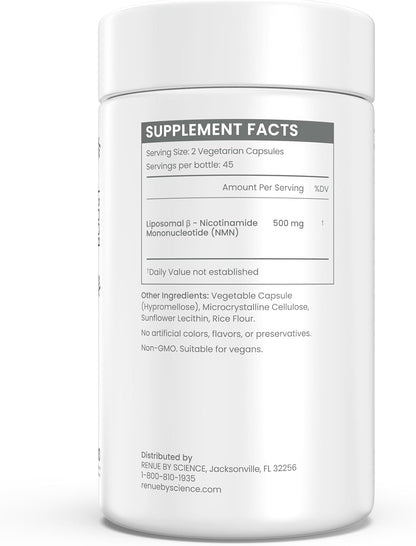 Renue By Science NMN Supplement | 90 Liposomal NMN Capsules - 500mg NMN Nicotinamide Mononucleotide per Serving | Bioavailable Formula for Increased Absorption | Manufactured in the USA