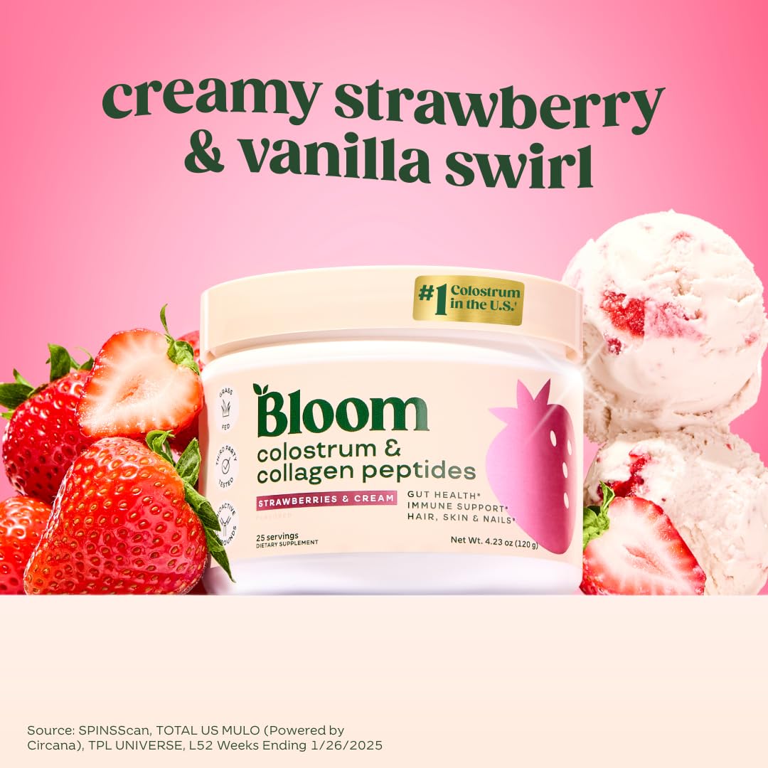 Bloom Nutrition Bovine Colostrum Powder, Strawberries & Cream, 25 Servings | Gut Health, Immune Support, Hair Growth & Beauty Supplement, Gluten Free, Sugar Free
