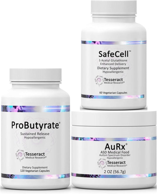 Tesseract Medical Research ProButyrate Gut Health Supplement & SafeCell S-Acetyl Glutathione Supplement & AuRx Autism Spectrum Medical Food Powder