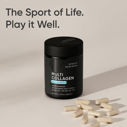 Sports Research® Multi Collagen Pills for Women & Men - Collagen Peptides (Type I, II, III, V, X) Enhanced with Hyaluronic Acid & Vitamin C - Gluten Free · Non-GMO - 90 Capsules