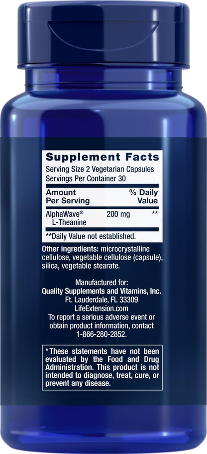 Life Extension L-Theanine, Amino Acid theanine, Calm, Relaxation, Mood, Gluten-Free, Non-GMO, Vegetarian, 200 mg, 60 Capsules | Amino Acid Theanine for Calm, Relaxation & Mood, Gluten-Free, Non-GMO & Vegetarian, 100 mg, 60 Capsules