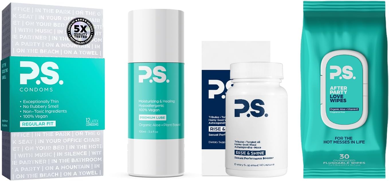 PS Allstar Bundle - 12-Pack of Regular Thin Latex Condoms for Men, Afterparty Oversized Adult Flushable Wipes, Organic Personal Lubricant, and All Natural Testosterone Booster