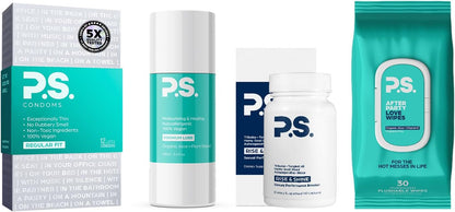 PS Allstar Bundle - 12-Pack of Regular Thin Latex Condoms for Men, Afterparty Oversized Adult Flushable Wipes, Organic Personal Lubricant, and All Natural Testosterone Booster