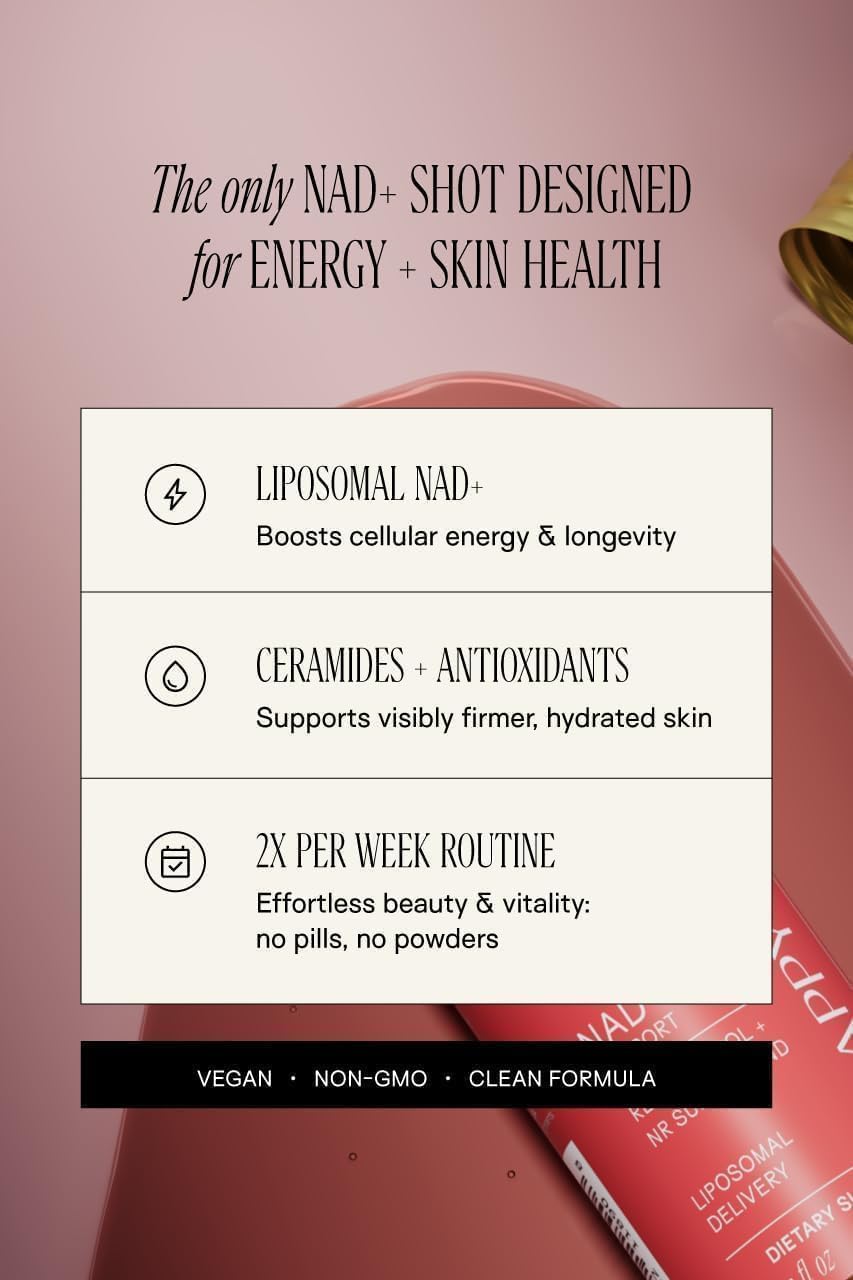 Happy Aging Liquid NAD+ Supplement for Women | Liposomal Nicotinamide Riboside & Resveratrol Shots for Energy, Skin Health & Brain Fog | NMN Alternative with Antioxidants | 10 Shots, 30-Day Supply