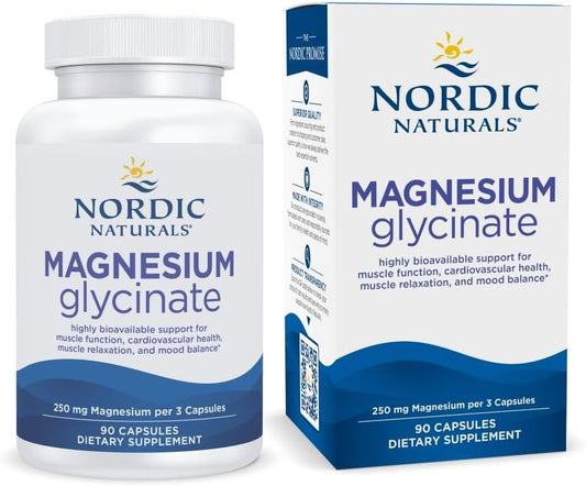 Nordic Naturals Magnesium Glycinate, 250mg - Vegetarian Capsules - 90 Count | 250mg Magnesium per Serving. Highly Bioavailable Glycinate Form. Muscle & Cardiovascular Support. Non-GMO. 30 Servings.