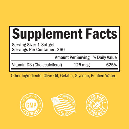 Vitamin D3 5000 IU (125 mcg) Natural Immune Support Supplement, Bone Strength