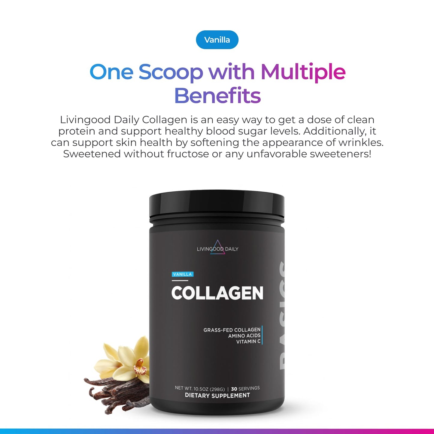 Livingood Daily Vanilla Collagen Powder for Women & Men, Hydrolyzed Collagen Peptides Powder with Vitamin C, Protein with 20 Amino Acids, Type I & III, Grass Fed, Keto, Paleo, Gluten Free, 30 Srvgs