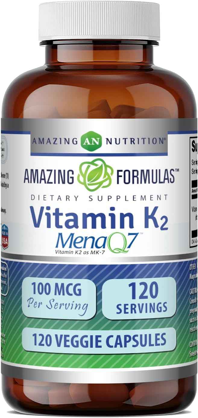 Amazing Formulas Vitamin K2 Menaq7 MK7 Supplement | 100 Mcg | Veggie Capsules | Non-GMO | Gluten Free | Made in USA (1 Pack, 120 Count)
