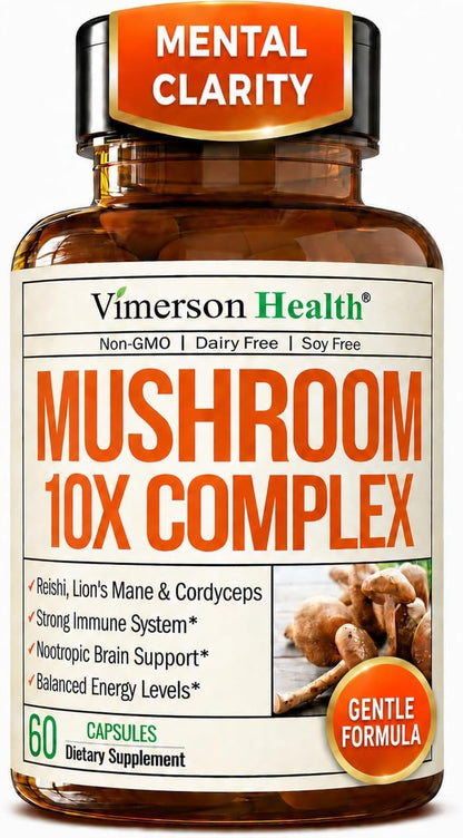 10X Mushroom Supplement w/ Lions Mane & Reishi – Cognitive Support – 60 Ct