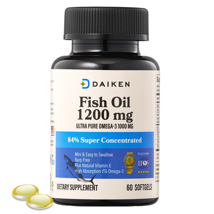 DAIKEN Mini Fish Oil 1200 mg, rTG Omega 3 1000mg, 60 Softgels, High Absorption & Burpless Fish Oil for Healthy Heart, Brain and Dry Eyes Support (Pack of 2)