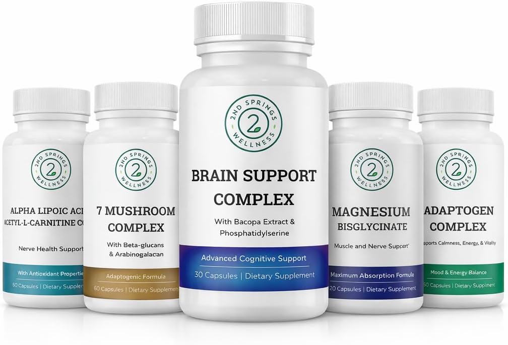 Brain Longevity Stack - ALA & ALC Complex + Adaptogen Complex + 7 Mushroom Complex + Brain Support + Magnesium Bisglycinate Bundle | Energy, Focus, Stress Support, Immunity, Cognitive Function