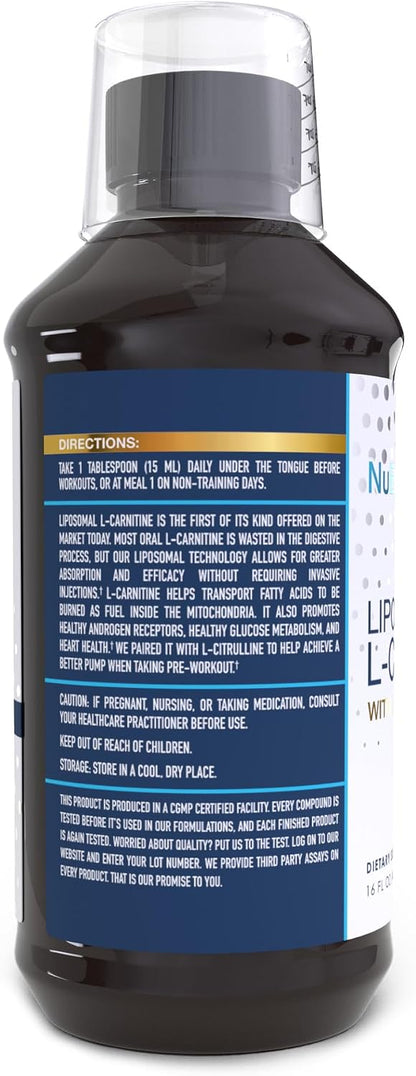 NuEthix Formulations Lipsomal L-Carnitine Supplement 600mg with L-Citrulline 1000mg for Healthy Weight Management, Fat Metabolism, Energy Production and Increased Blood Flow, for Men & Women