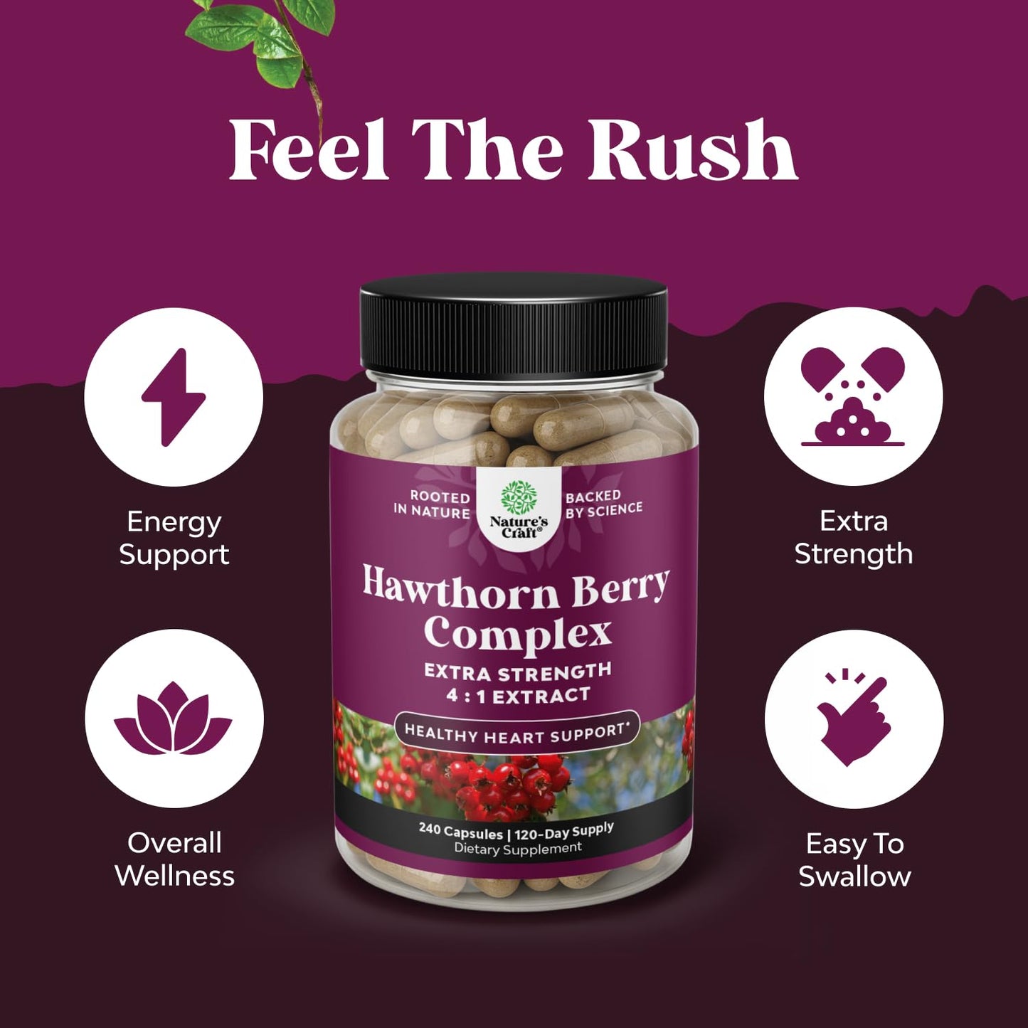 High Strength Hawthorn Berry Capsules - Pure Antioxidant Hawthorn Berry Supplement with Leaf & Flower Extract 4:1 for Healthy Heart & Digestion - Energy Support for Men & Women - 120 Count Pack