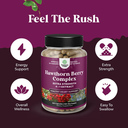 High Strength Hawthorn Berry Capsules - Pure Antioxidant Hawthorn Berry Supplement with Leaf & Flower Extract 4:1 for Healthy Heart & Digestion - Energy Support for Men & Women - 120 Count Pack