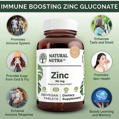 Natural Nutra Zinc Gluconate 50mg Supplement for Immune Support, Promotes Skin Health, Provides Ease From Flu & Cold, Boost Learning & Memory, Enhance Taste & Smell, Gluten Free 50mg 100 Vegan Tablets