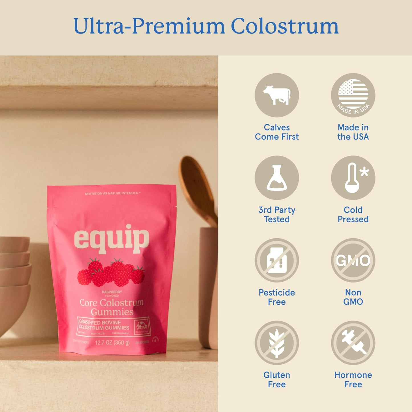Equip Foods Core Bovine Colostrum Powder - 3,000mg Grass Fed Colostrum Supplement - Gut Health, Immunity, Recovery Lactoferrin Supplements - Keto Friendly Bovine Colostrum, 30 Servings, Unflavored