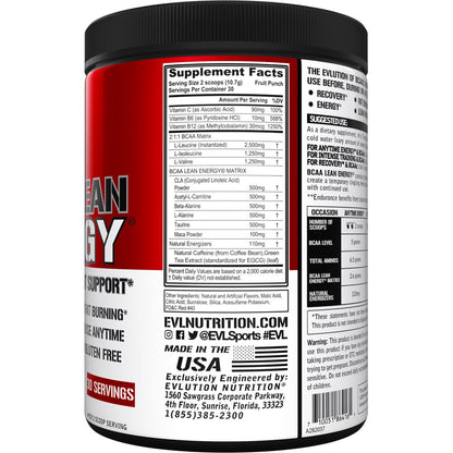 EVL BCAA Lean Energy Powder - Pre Workout Green Tea Fat Burner Support with BCAAs Amino Acids and Clean Energizers - Post Workout Recovery Drink for Lean Muscle Recovery - Cherry Limeade
