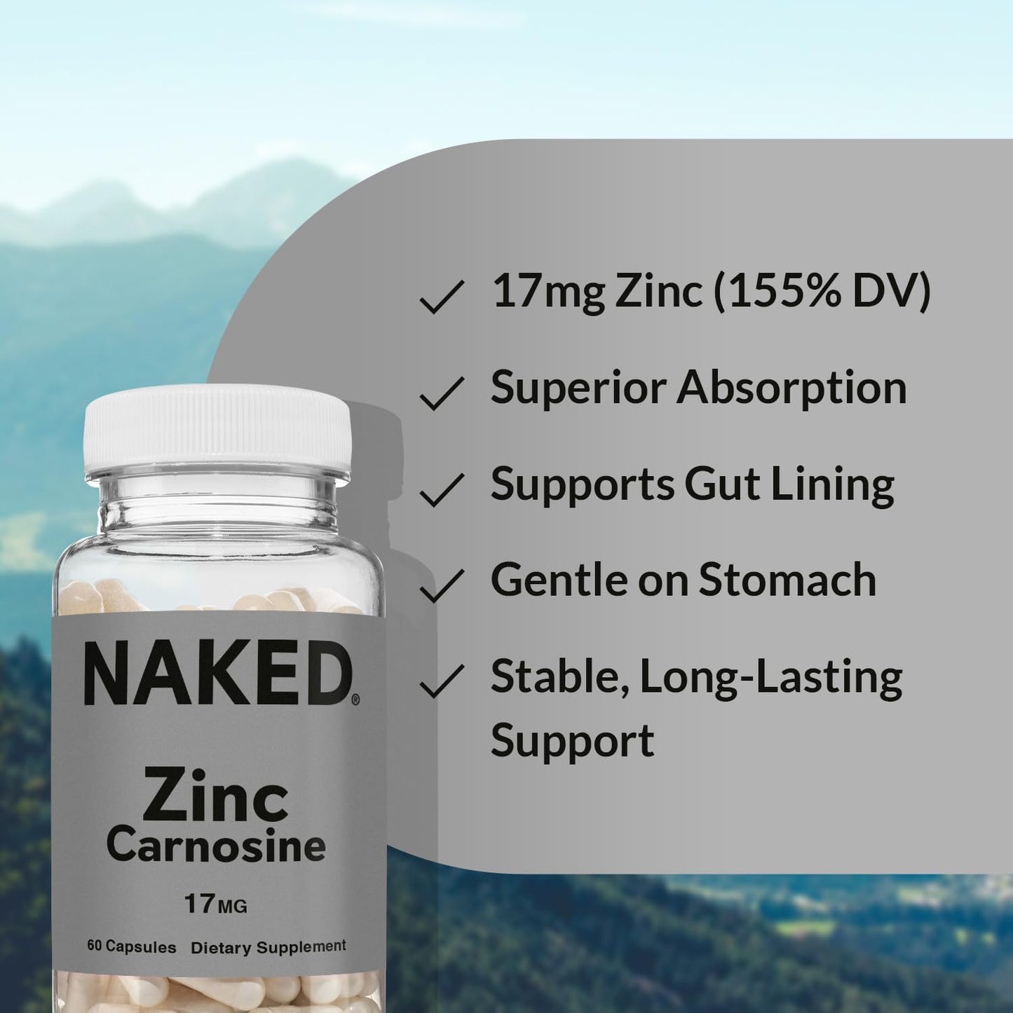 Naked Zinc Carnosine - Gut Lining, Immune Function and Stomach Support Supplement, Vegan, Gluten-Free, 17mg - 60 Capsules