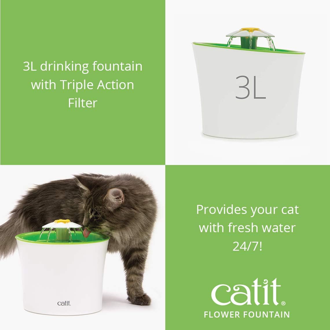 Catit Flower Fountain with Triple Action Filter, Cat Drinking Water Fountain, 3 L, Green | Cat Drinking Water Fountain
