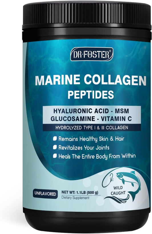 DRFOSTER Marine Collagen Peptides Powder, Multi Type I & III, 50 Servings | Wild-Caught Fish Collagen with MSM, Hyaluronic Acid, Vitamins C & E for Skin, Hair, Nails, Non-GMO