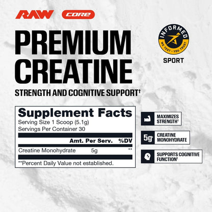 RAW Nutrition Creatine Monohydrate Powder, Unflavored (30 Servings) - Micronized Creatine Monohydrate Supplement for Workout Performance, Build Muscle & Strength - Creatine Powder for Men & Women