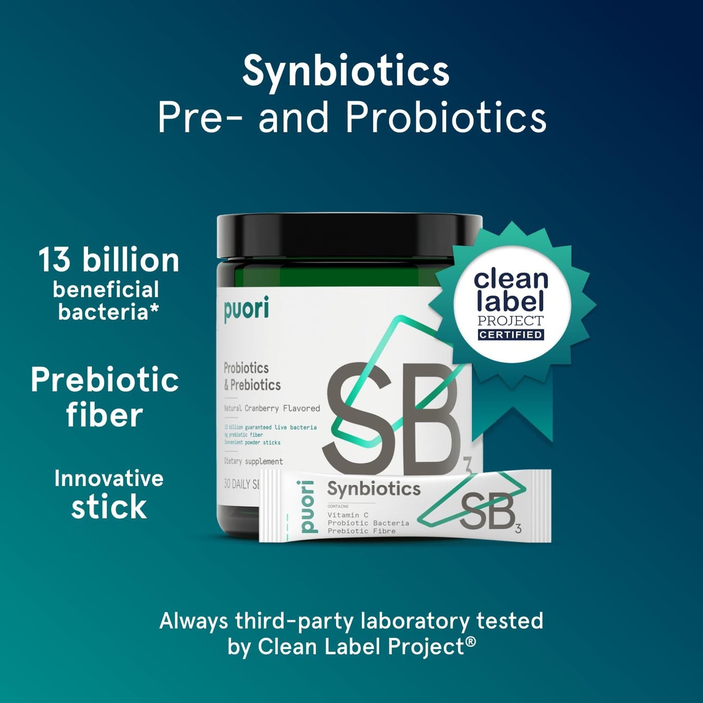 Puori Daily Probiotics & Prebiotics for Digetive & Gut Health - Immune Support Supplement with 13 Billion CFU & 4g Dietary Fiber - Shelf Stable for Bloating & Gas Relief