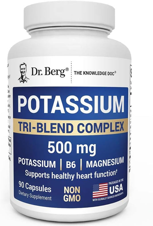 Dr. Berg Potassium Tri-Blend Complex – 500 mg Potassium Supplement for Muscle & Nerve Support* – Maximum Strength Potassium Formula w/Magnesium, B6 & Taurine – 90 Capsules