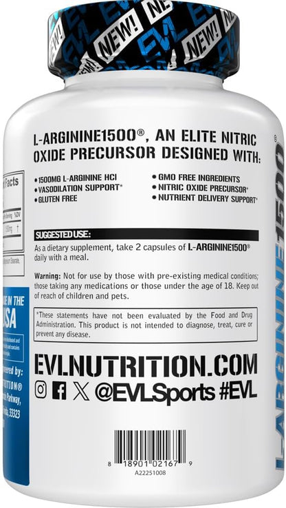 Evlution Nutrition Nitric Oxide Booster L-Arginine Supplement - High Potency Nitric Oxide Supplement with 1500mg of L Arginine HCL for Enhanced Pumps Energy Muscle Growth and Vascularity NO Booster