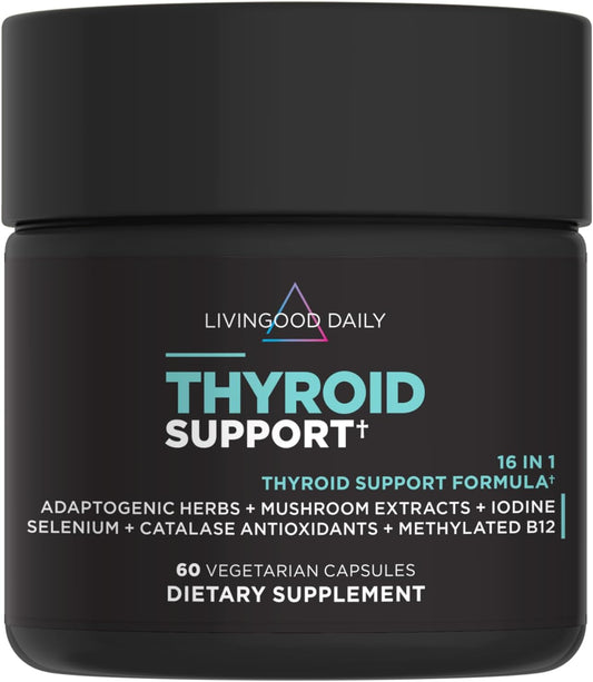 Livingood Daily Thyroid Support Supplement, 16-in-1 Wellness Blend with Adaptogenic Herbs, Iodine, Magnesium and Selenium, Thyroid Support for Women & Men, Vegetarian Capsules, Gluten Free, 60 Count