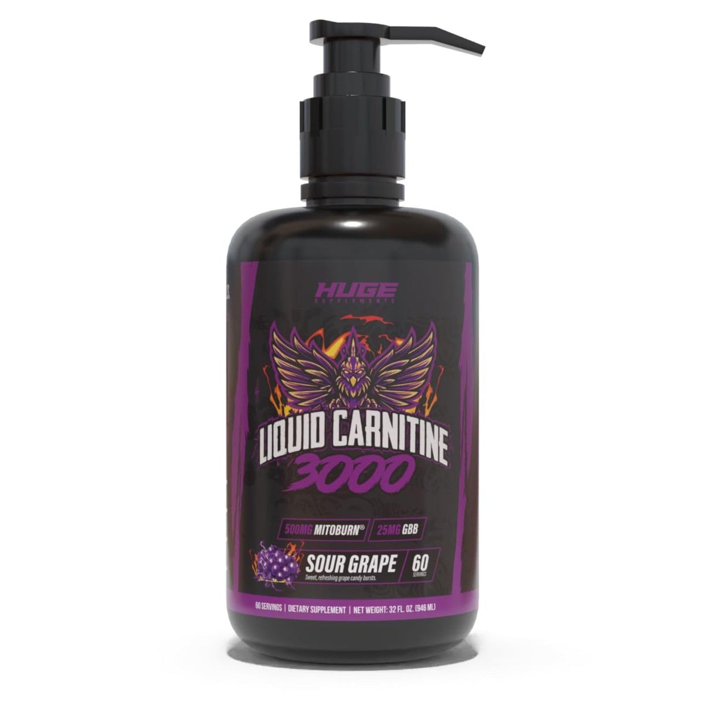 Huge Supplements Liquid L-Carnitine 3000, Superior Potency Infused with 500mg MitoBurn & 25mg GBB, Premium Stim-Free & Energy Boost, Convenient Pump Top, 32 Oz (60 Servings)