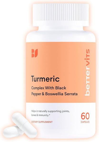 Bettervits Turmeric Curcumin Supplement with Black Pepper and Boswellia Serrata | Organic 1000mg Turmeric Supplement for Enhanced Absorption and Vitamin C | Joint Support - Non-GMO | 60 Vegan Capsules