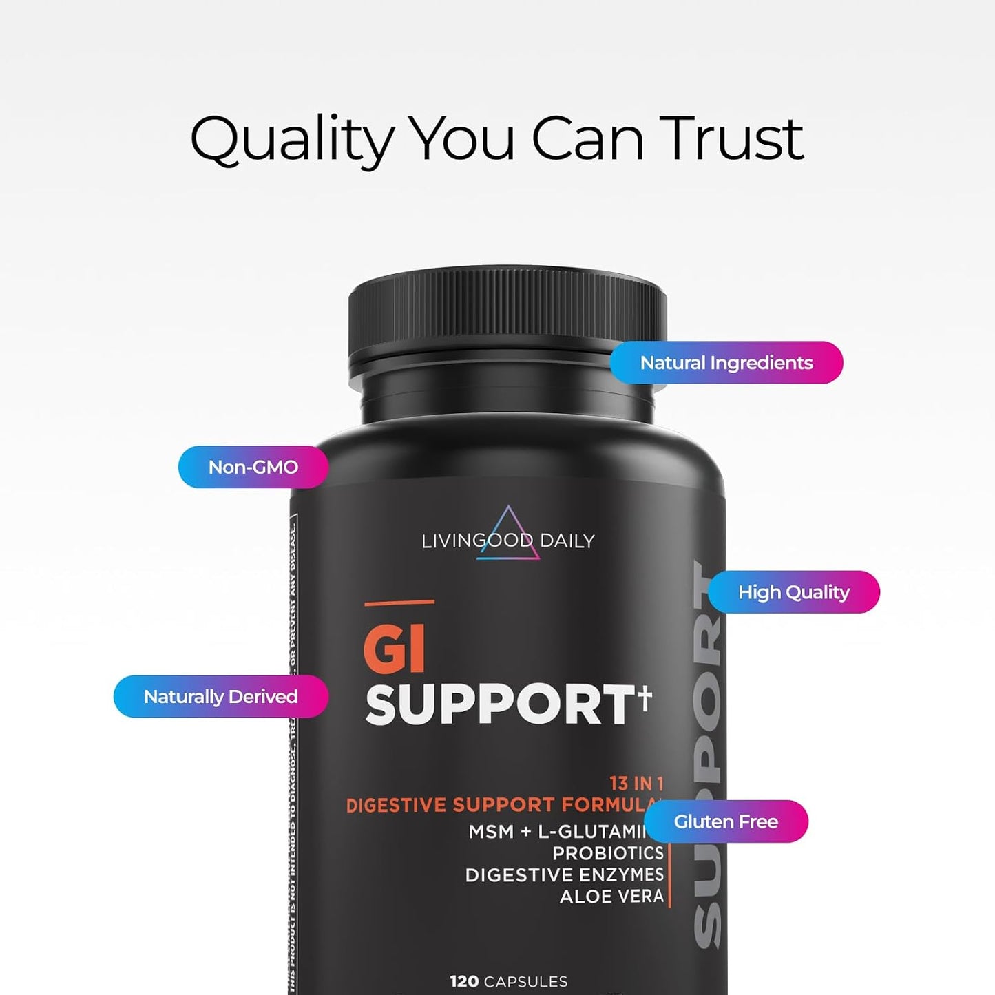 Livingood Daily Gut Cleanse Detox Supplement, 13-in-1 GI Support with L Glutamine, Aloe Vera, Digestive Enzymes, Probiotics & MSM, Vegetarian Capsules, Gluten Free, Non GMO, Allergen Free, 120 Count