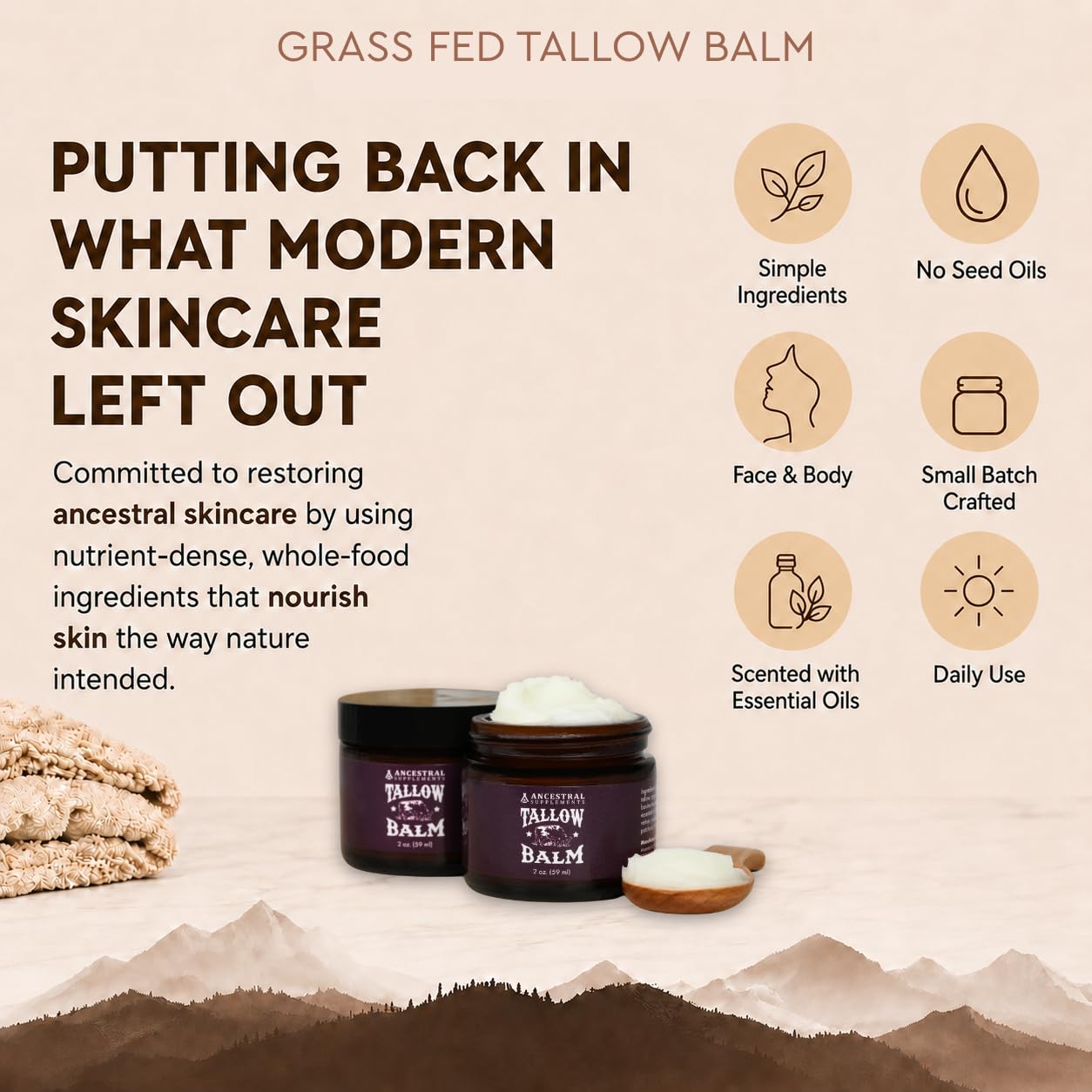Ancestral Supplements Tallow Balm with Collagen, Face & Body, 2 oz | Whipped beef tallow for skin moisturizes face & body with vitamins A, D, E and K, plus an essential oil blend scent.