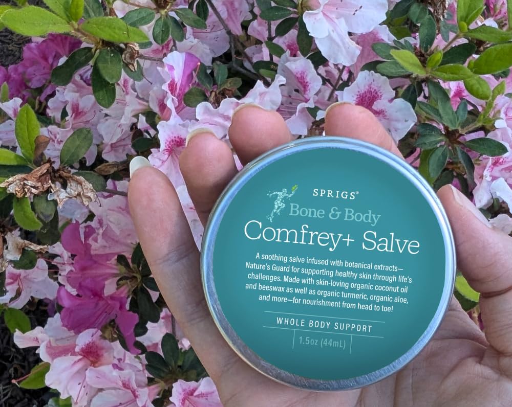 SPRIGS Organic Comfrey Salve for Skin – Herbal Moisturizing Balm with Aloe, Turmeric & Calendula | Coconut Oil & Beeswax Botanical Skin Care (2 oz)