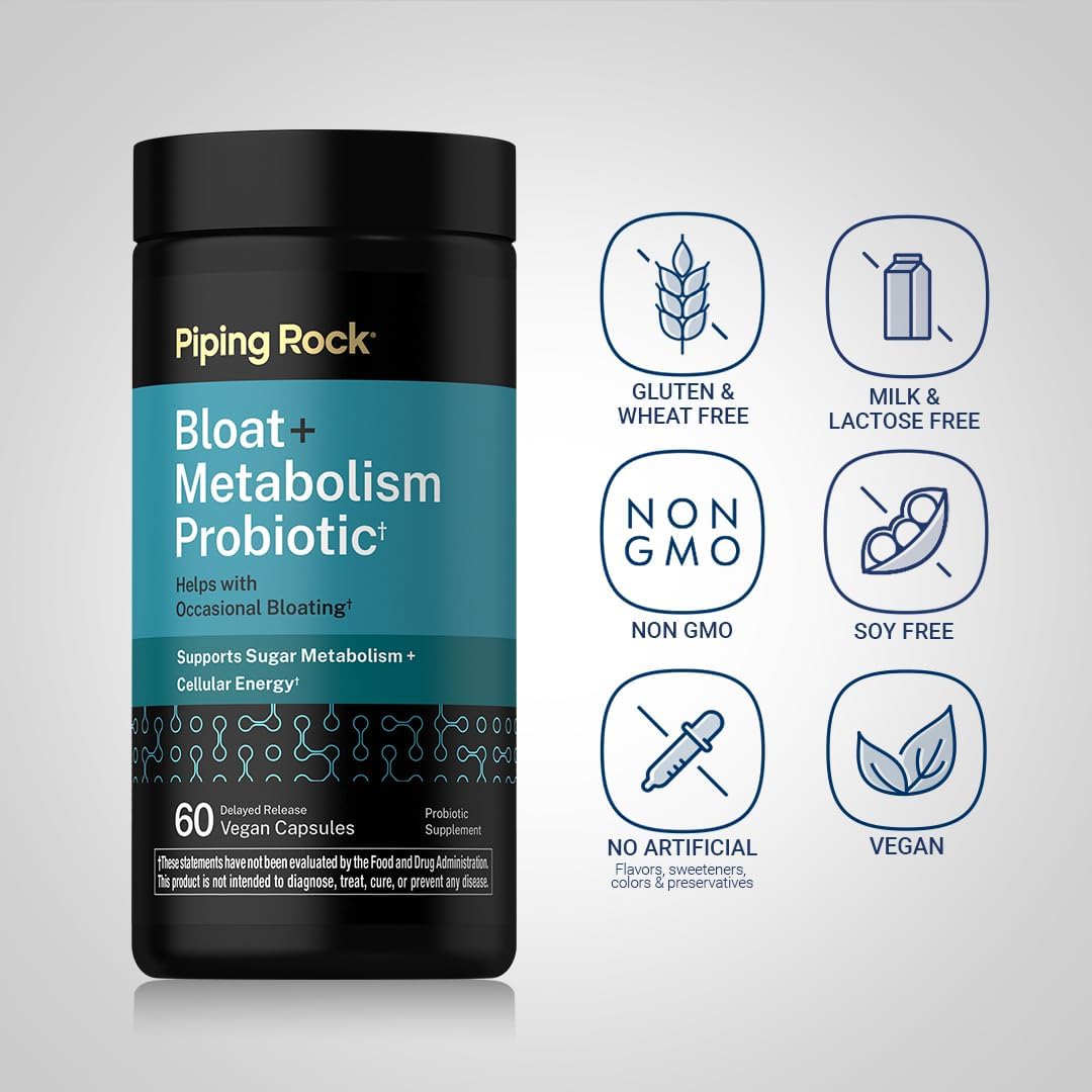 Piping Rock Bloat and Metabolism Probiotic | 60 Capsules | 14 Strain Probiotic Blend | Supports Regularity and Cellular Energy for Men and Women | Non-GMO, Gluten Free