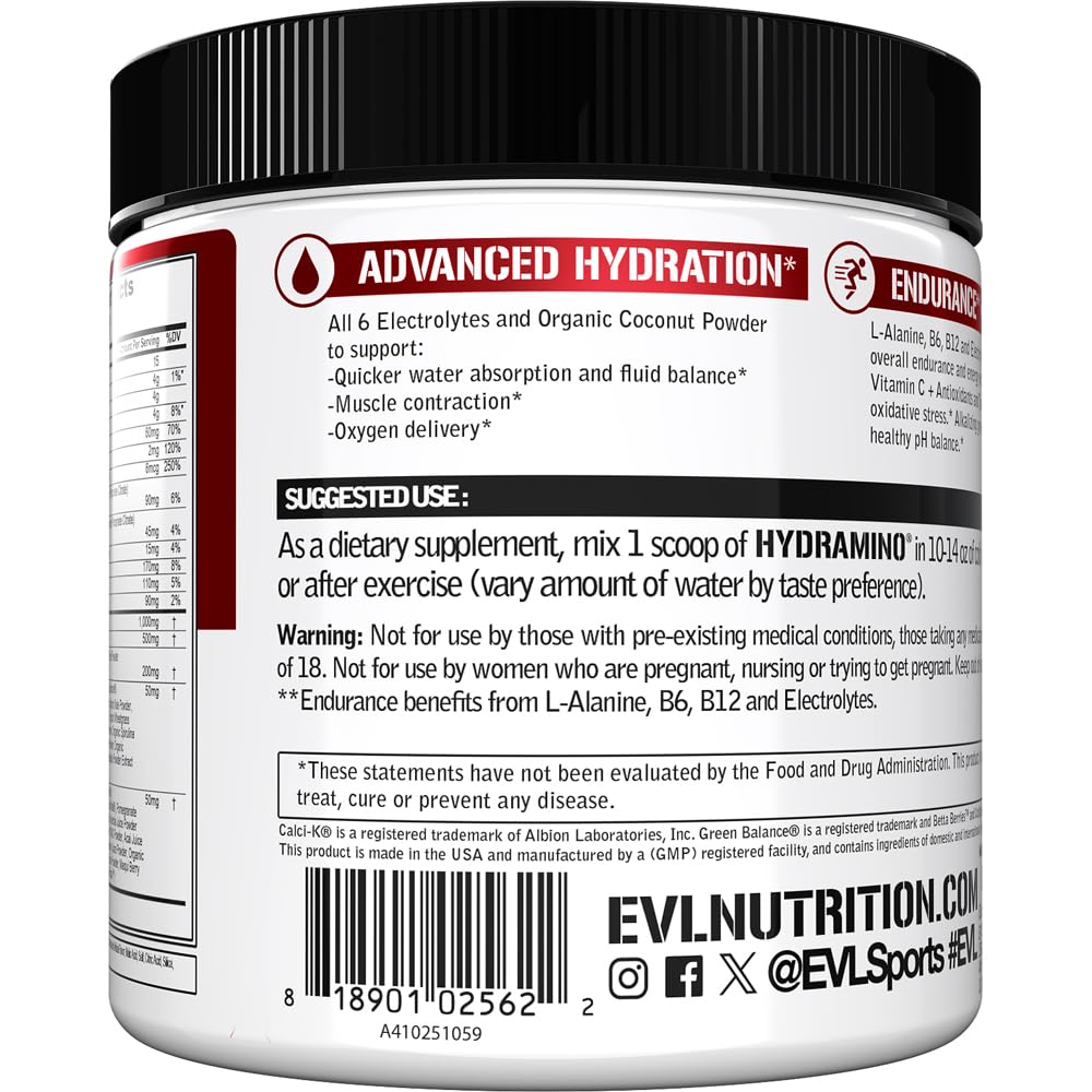 Evlution Nutrition HYDRAMINO Complete Hydration Multiplier, 6 Electrolytes, Vitamin C & B, Fluid Boosting Aminos, Coconut Water, Endurance, Recovery, Antioxidants, 30 Serve, Orange Mango (Dye Free)