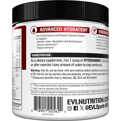 Evlution Nutrition HYDRAMINO Complete Hydration Multiplier, 6 Electrolytes, Vitamin C & B, Fluid Boosting Aminos, Coconut Water, Endurance, Recovery, Antioxidants, 30 Serve, Orange Mango (Dye Free)
