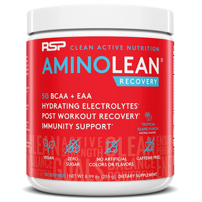 RSP NUTRITION AminoLean Pre Workout Energy (Blue Raspberry 30 Servings) with AminoLean Recovery Post Workout Boost (Tropical Island Punch 30 Servings)