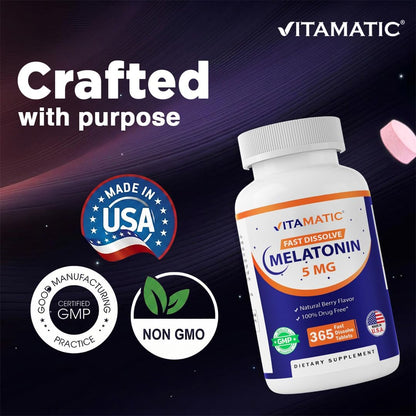 Vitamatic Melatonin 5 mg Tablets | Vegetarian, Non-GMO, Gluten Free | 1 Year Supply | Natural Berry Flavor - 365 Tablets