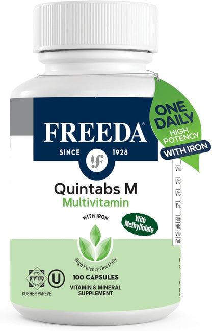 FREEDA Multivitamin – Quintabs-M with Iron – Kosher Multi Vitamins Supplements for Women Health - Multivitamins for Women & Iron-Deficient Men Adult Vitamins Multivitamin (100) | Kosher Multivitamin with Iron Formulated for Women & Men - Supporting Daily
