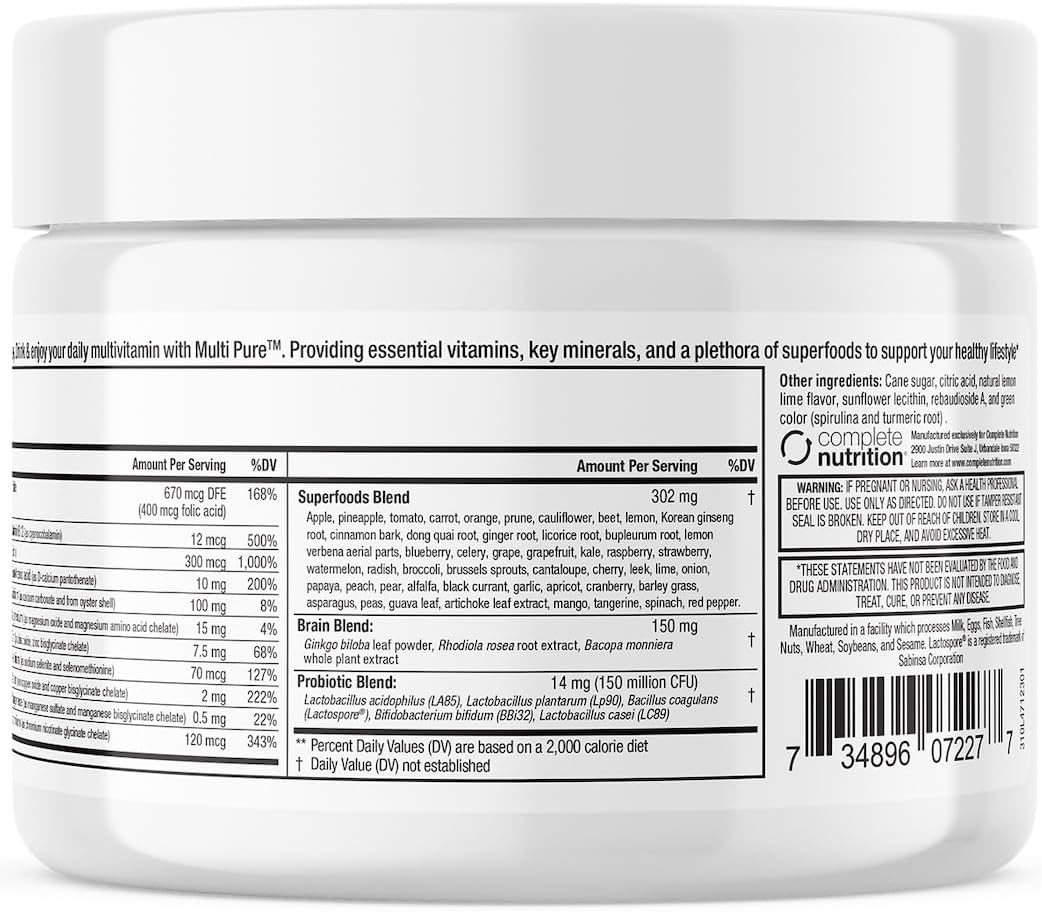 Reclaim Multi Pure Lemon Lime, Immune Support, Vitamin C, Vitamin B Complex, Probiotic, Superfood Powder, Calcium, Magnesium Oxide, (30 Servings) (Lemon Lime)
