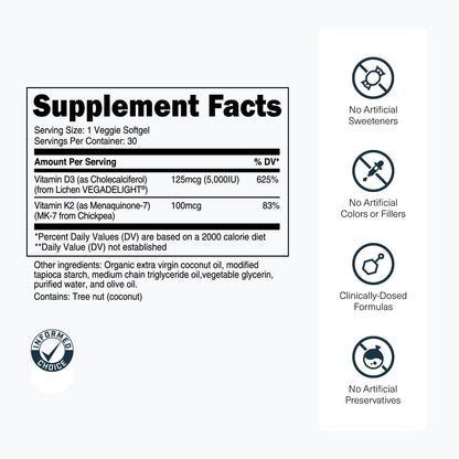 Transparent Labs Vitamin D3 K2 - Vitamin D & K2 Vitamin Supplement for Men & Women, Vegan-Friendly D3K2 5000 IU Supplements to Support Bone, Immune, and Overall Health - K2 D3 60 Capsules