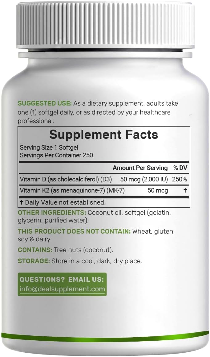 DEAL SUPPLEMENT Vitamin D3 2,000 IU + K2 MK7 50mcg Softgels | 2-in-1 Complex with Virgin Coconut Oil | Supports Heart, Bone, Teeth & Immune Health | Easy to Swallow
