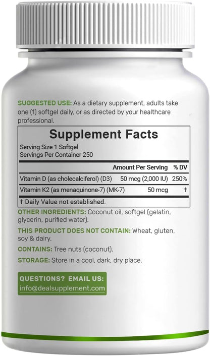 DEAL SUPPLEMENT Vitamin D3 2,000 IU + K2 MK7 50mcg Softgels | 2-in-1 Complex with Virgin Coconut Oil | Supports Heart, Bone, Teeth & Immune Health | Easy to Swallow