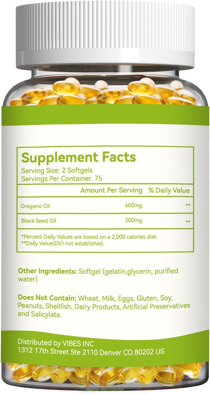 Oregano Oil with Black Seed Oil Softgels – Gluten Free, Non-GMO,150 Softgels, 75-Day Supply