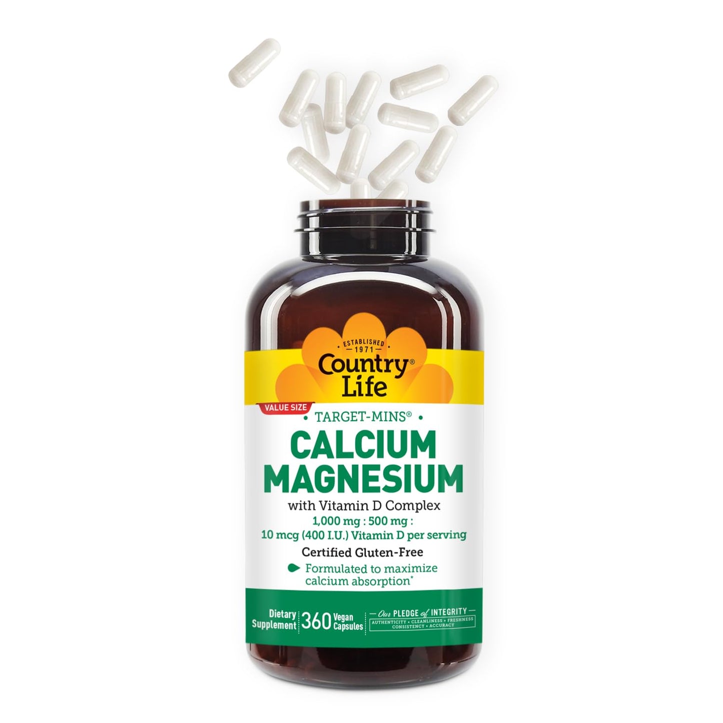 Country Life Target-Mins Calcium Magnesium with Vitamin D-Complex, 1000mg/500mg/10mcg, 240 Vegan Capsules, Certified Gluten Free, Certified Vegan