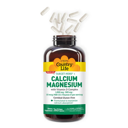 Country Life Target-Mins Calcium Magnesium with Vitamin D-Complex, 1000mg/500mg/10mcg, 240 Vegan Capsules, Certified Gluten Free, Certified Vegan